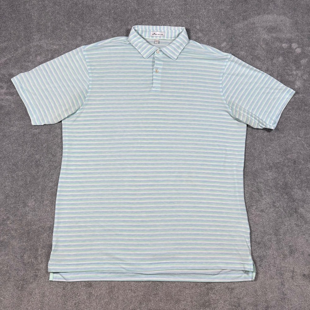 Peter Millar Mens Large Striped Performance Polo Shirt Blue Green Tencel Stretch